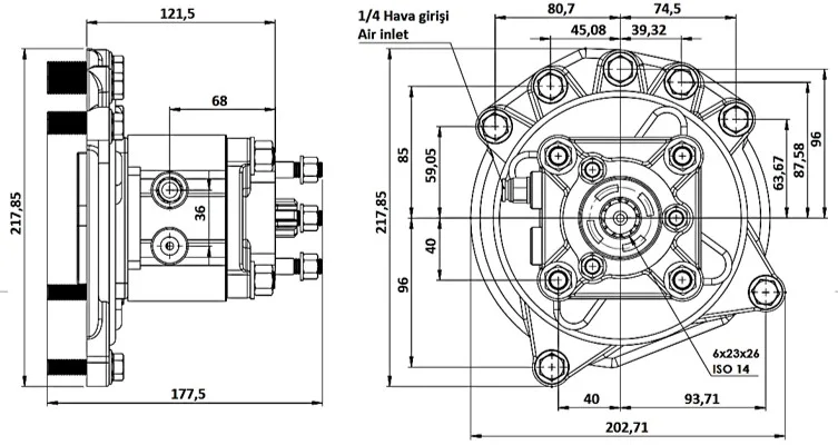 CTM 026 AE PTO teknik çizimi — kesit, ölçü ve montaj şeması