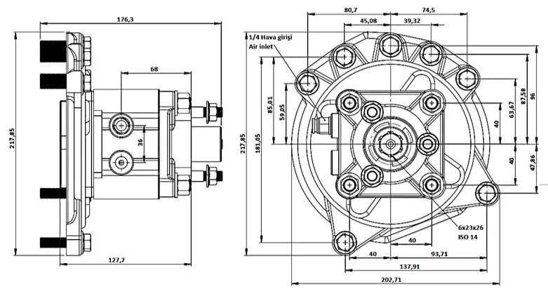 CTM 026 AC2 PTO teknik çizimi — kesit, ölçü ve montaj şeması