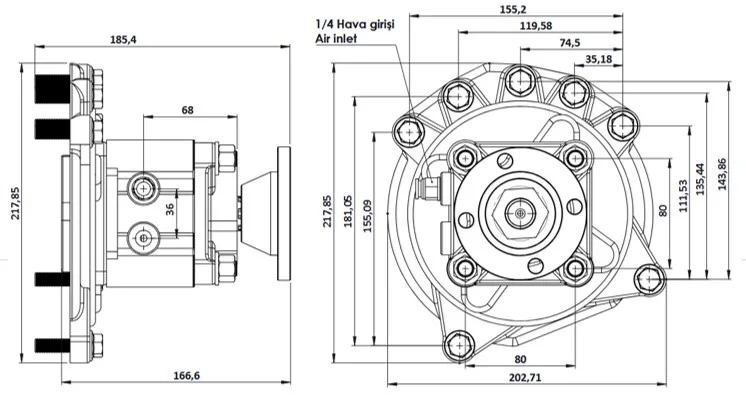 CTM 026 AD PTO teknik çizimi — kesit, ölçü ve montaj şeması