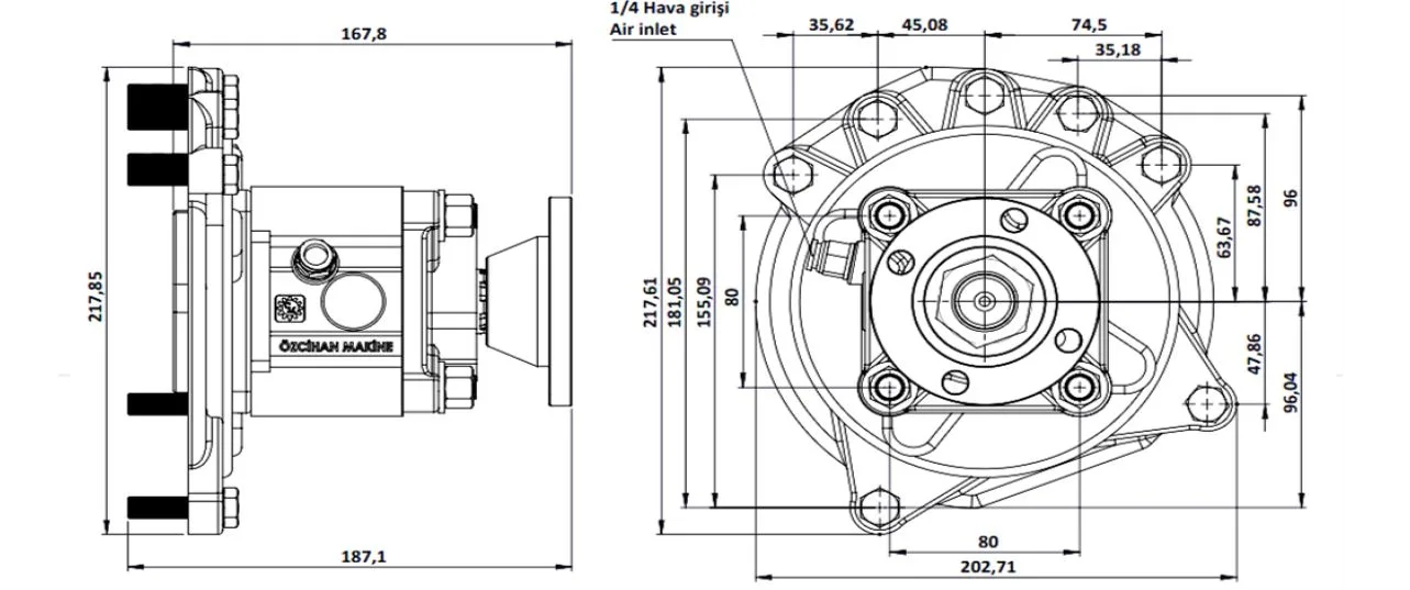 CTM 026 AD1 PTO teknik çizimi — kesit, ölçü ve montaj şeması