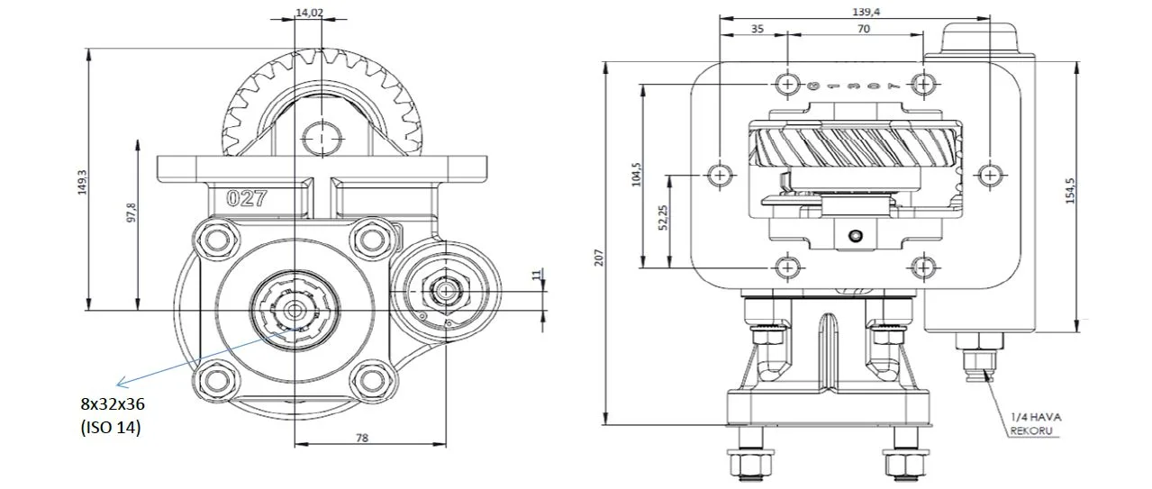 CTM 027 AC1 PTO teknik çizimi — kesit, ölçü ve montaj şeması