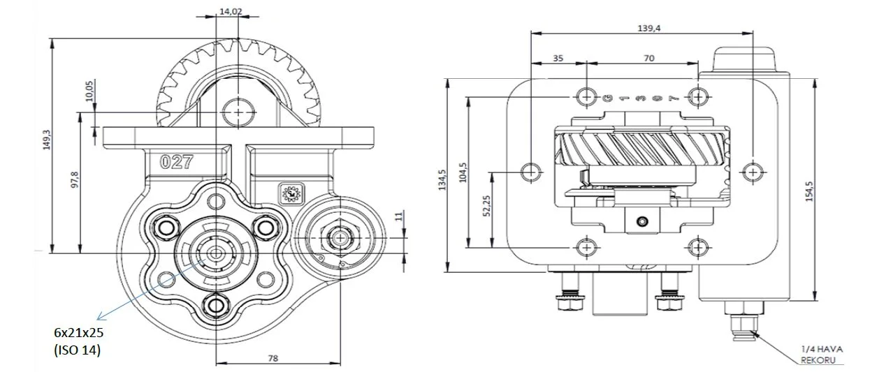 CTM 027 AC2 PTO teknik çizimi — kesit, ölçü ve montaj şeması