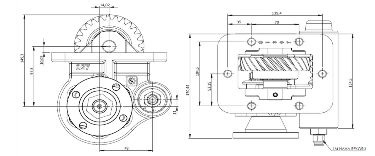 CTM 027 AD PTO teknik çizimi — kesit, ölçü ve montaj şeması