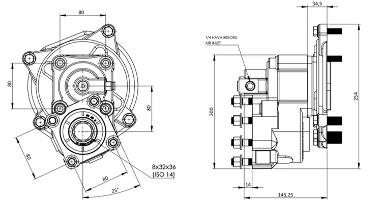 CTM 028 A1 3X PTO teknik çizimi — kesit, ölçü ve montaj şeması