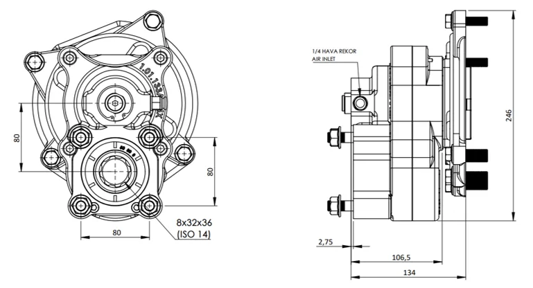 CTM 028 A1 4X PTO teknik çizimi — kesit, ölçü ve montaj şeması