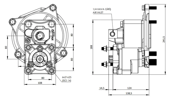 CTM 028 AE PTO teknik çizimi — kesit, ölçü ve montaj şeması