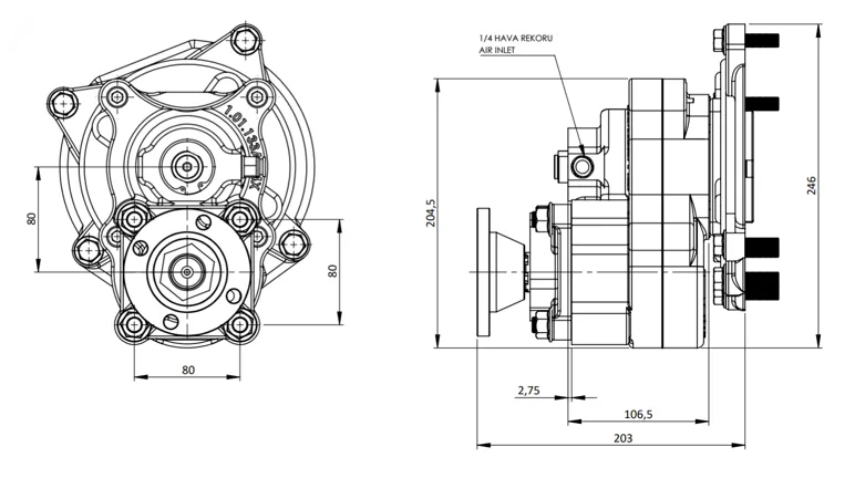 CTM 028 AD1 4X PTO teknik çizimi — kesit, ölçü ve montaj şeması