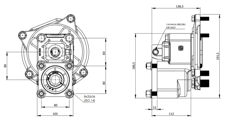 CTM 028 A1 PTO teknik çizimi — kesit, ölçü ve montaj şeması