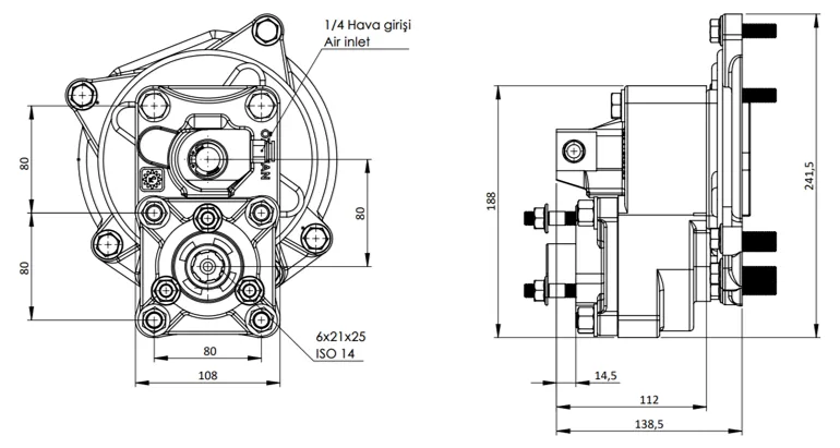 CTM 028 AC2 PTO teknik çizimi — kesit, ölçü ve montaj şeması