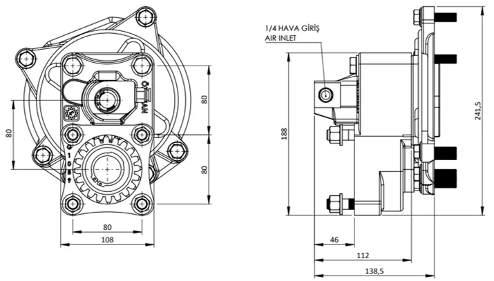 CTM 028 AC1 PTO teknik çizimi — kesit, ölçü ve montaj şeması