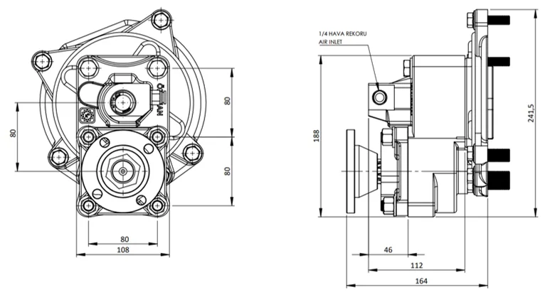 CTM 028 AD1 PTO teknik çizimi — kesit, ölçü ve montaj şeması