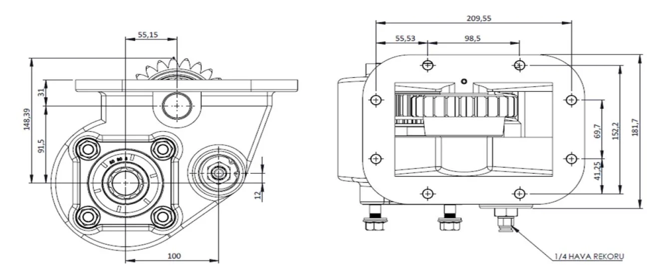 CTM 029 A1 PTO teknik çizimi — kesit, ölçü ve montaj şeması
