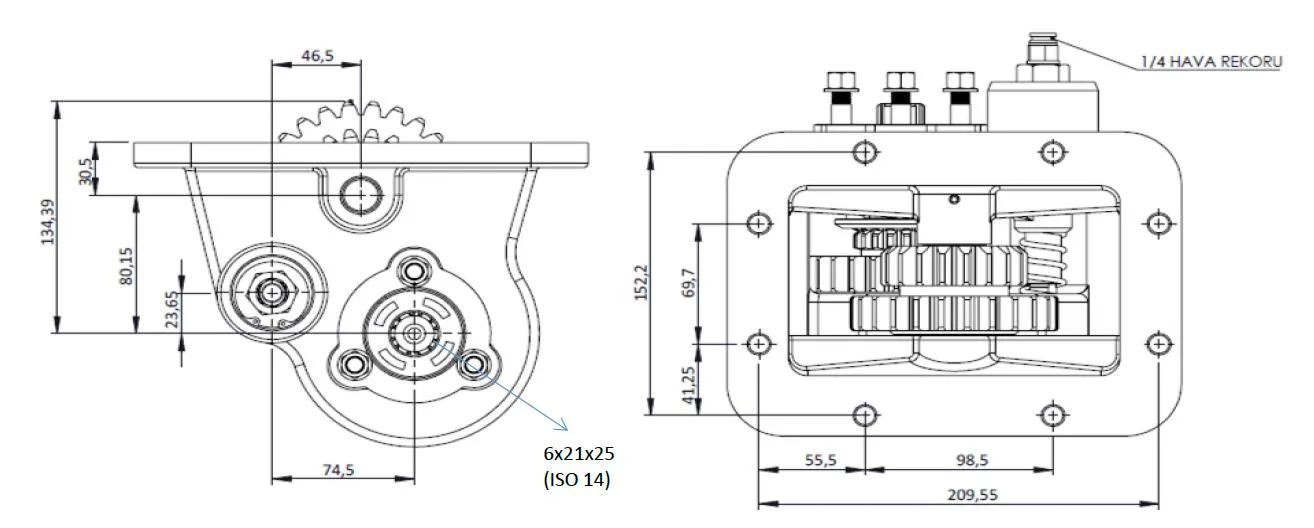 CTM 029 AE PTO teknik çizimi — kesit, ölçü ve montaj şeması