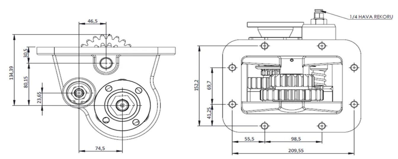 CTM 029 AD PTO teknik çizimi — kesit, ölçü ve montaj şeması