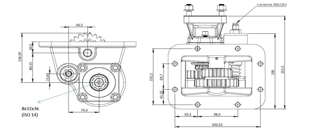 CTM 029 AC1 PTO teknik çizimi — kesit, ölçü ve montaj şeması