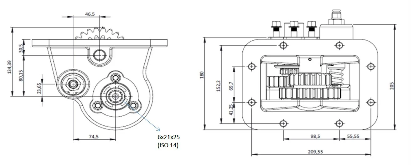 CTM 029 AC2 PTO teknik çizimi — kesit, ölçü ve montaj şeması