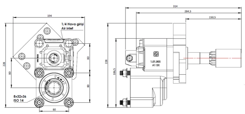 CTM 030 A1FY PTO teknik çizimi — kesit, ölçü ve montaj şeması