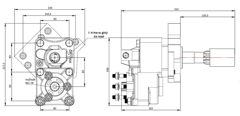 CTM 030 AEF PTO teknik çizimi — kesit, ölçü ve montaj şeması