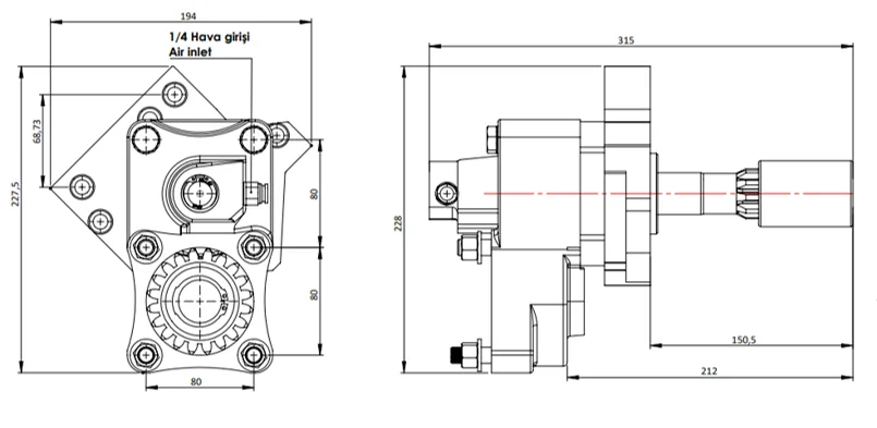 CTM 030 AC1F PTO teknik çizimi — kesit, ölçü ve montaj şeması
