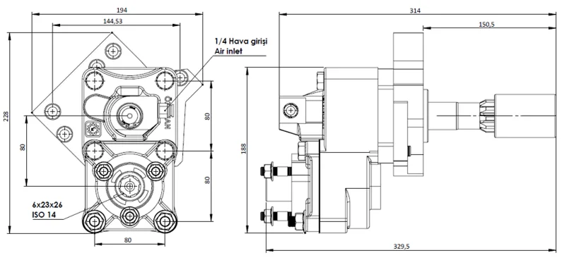 CTM 030 AC2F PTO teknik çizimi — kesit, ölçü ve montaj şeması