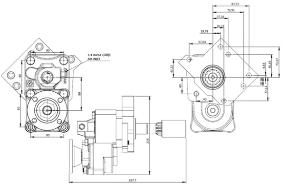 CTM 030 ADF PTO teknik çizimi — kesit, ölçü ve montaj şeması