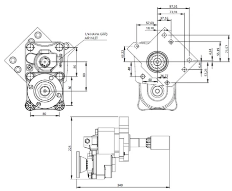 CTM 030 AD1F PTO teknik çizimi — kesit, ölçü ve montaj şeması