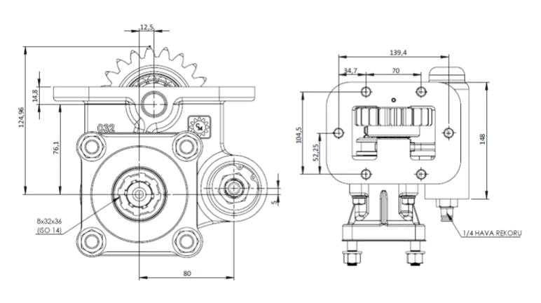 CTM 032 AC1 PTO teknik çizimi — kesit, ölçü ve montaj şeması