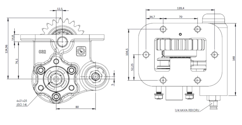 CTM 032 AC2 PTO teknik çizimi — kesit, ölçü ve montaj şeması