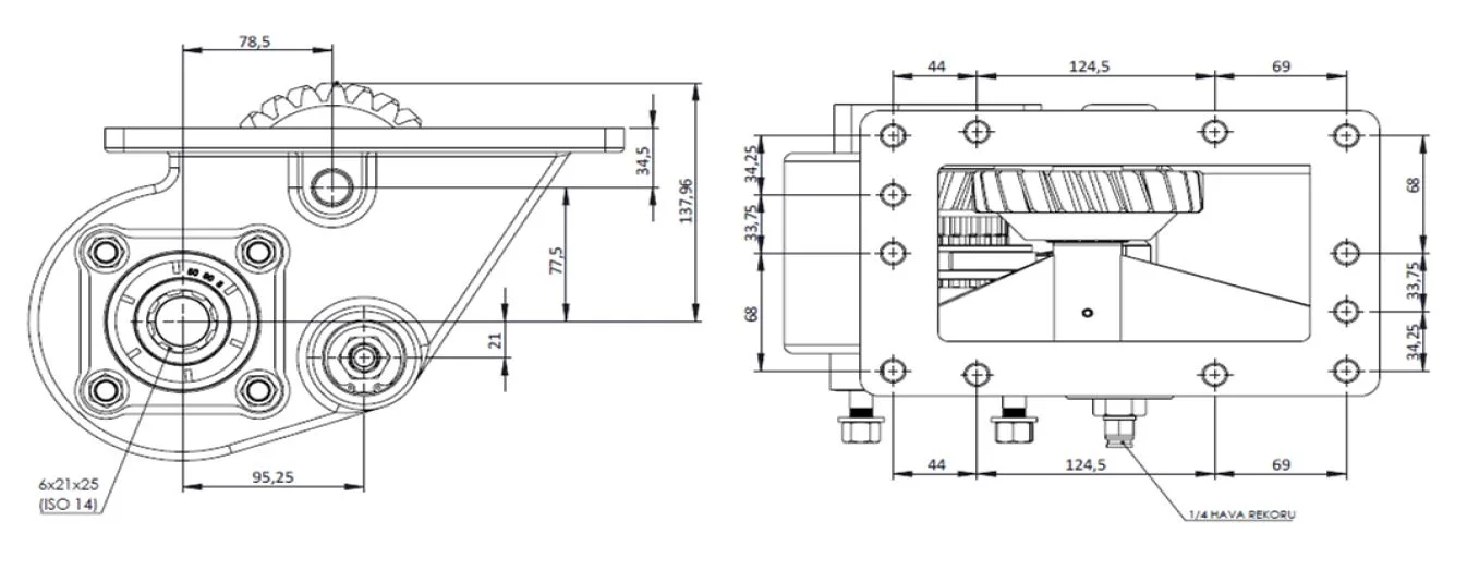 CTM 033 A1 PTO teknik çizimi — kesit, ölçü ve montaj şeması