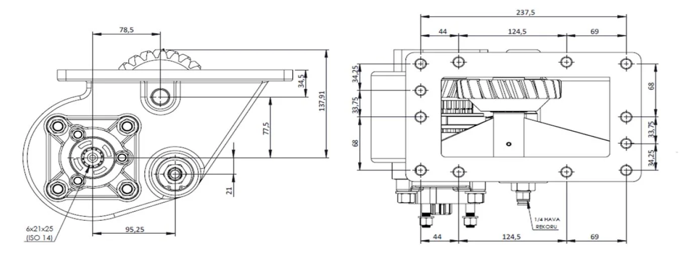 CTM 033 AE PTO teknik çizimi — kesit, ölçü ve montaj şeması