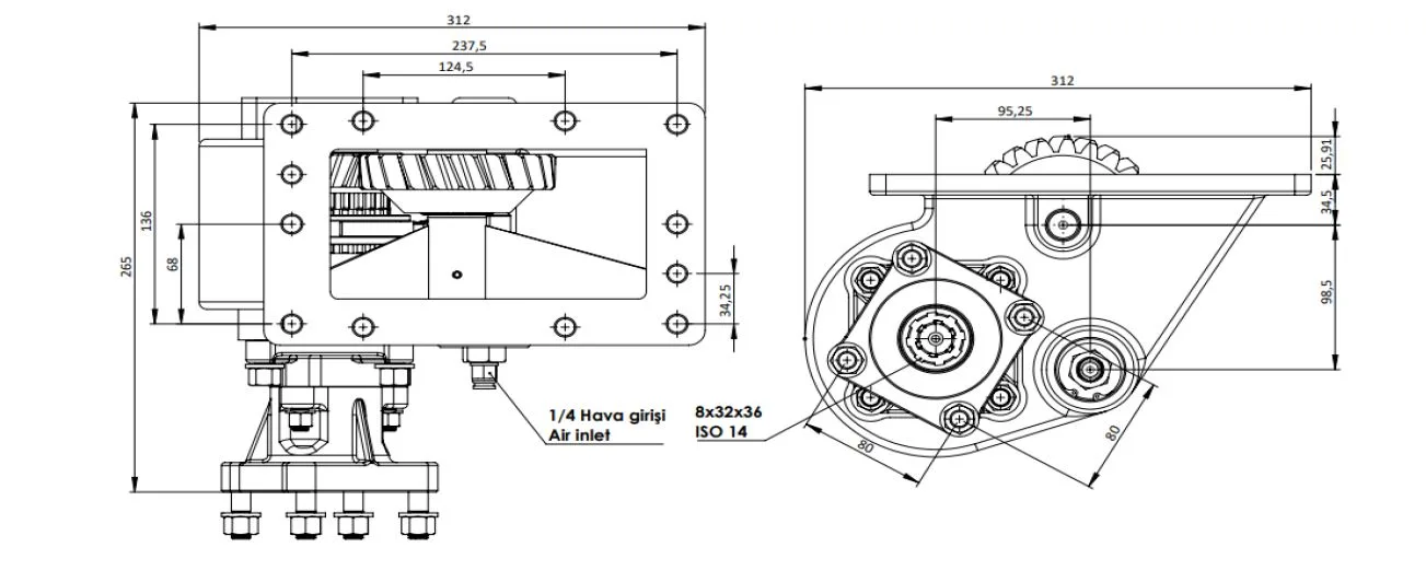 CTM 033 AC1 PTO teknik çizimi — kesit, ölçü ve montaj şeması