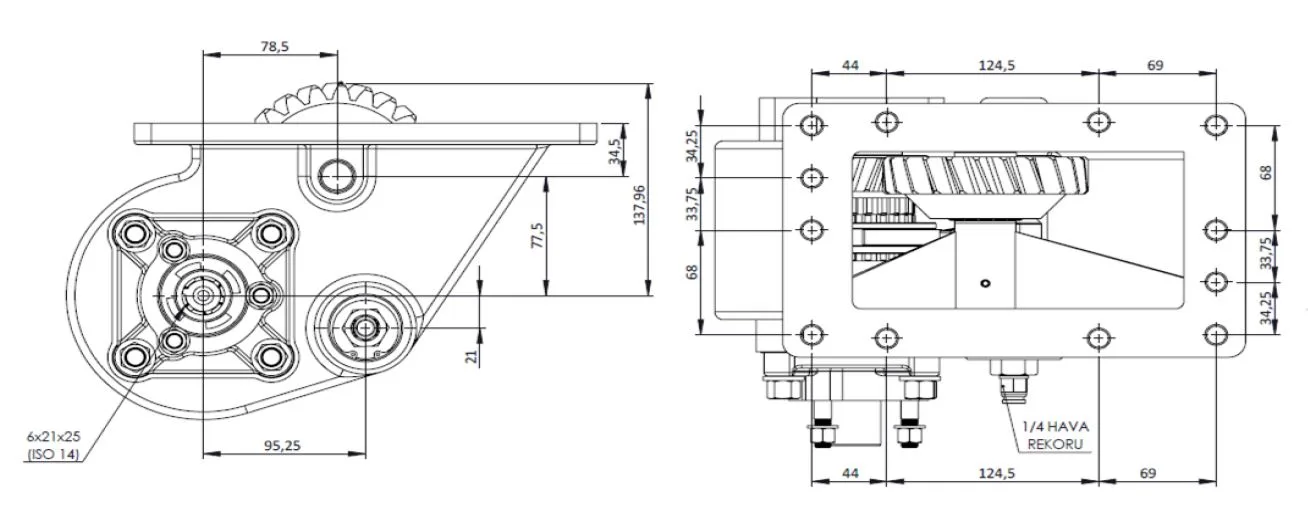 CTM 033 AC2 PTO teknik çizimi — kesit, ölçü ve montaj şeması