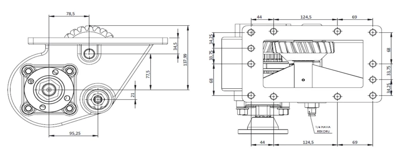 CTM 033 AD PTO teknik çizimi — kesit, ölçü ve montaj şeması