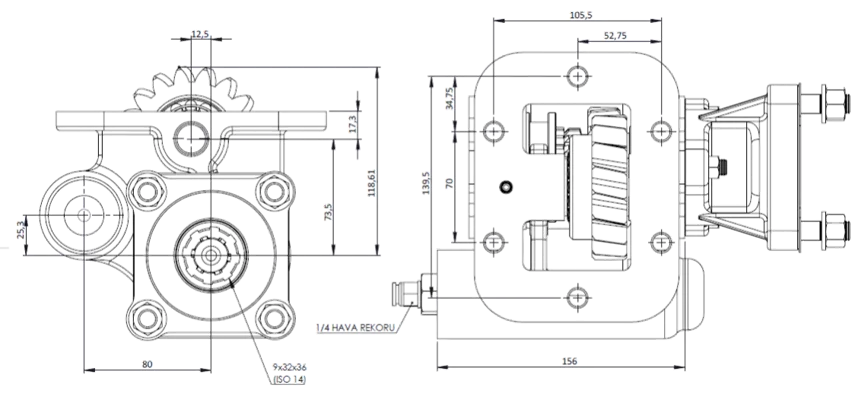 CTM 035 AC1 PTO teknik çizimi — kesit, ölçü ve montaj şeması