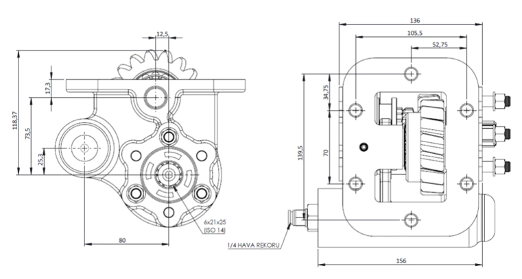CTM 035 AE PTO teknik çizimi — kesit, ölçü ve montaj şeması