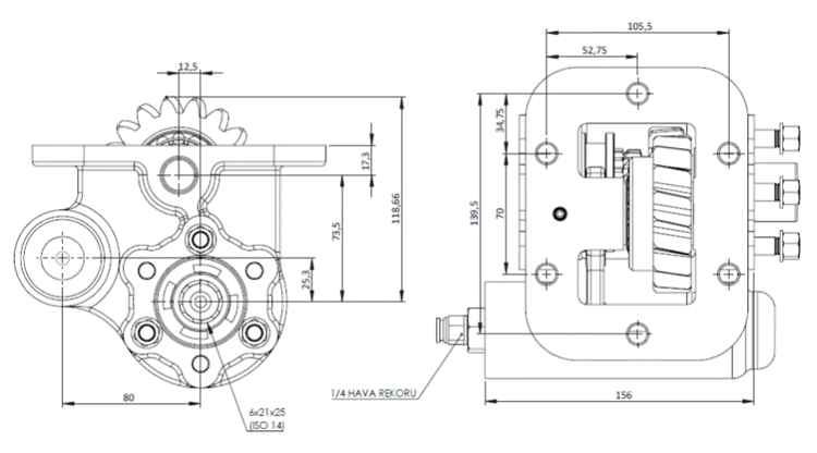 CTM 035 AC2 PTO teknik çizimi — kesit, ölçü ve montaj şeması