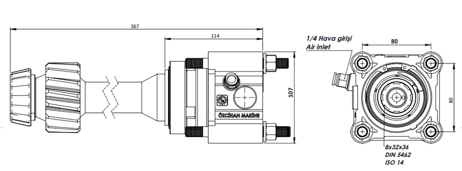 CTM 036 AC1F PTO teknik çizimi — kesit, ölçü ve montaj şeması