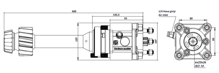 CTM 036 AE PTO teknik çizimi — kesit, ölçü ve montaj şeması