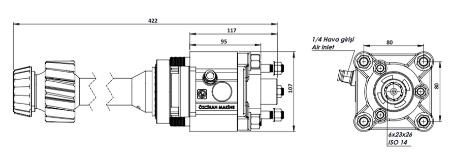 CTM 036 AC2F PTO teknik çizimi — kesit, ölçü ve montaj şeması
