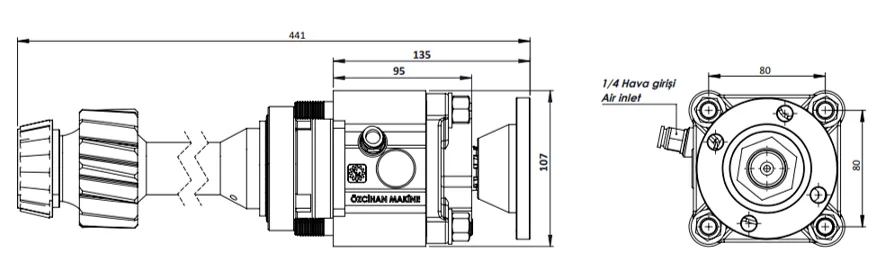 CTM 036 AD1F PTO teknik çizimi — kesit, ölçü ve montaj şeması