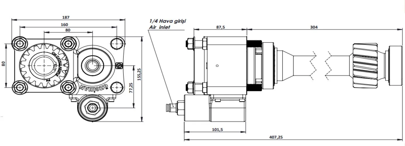 CTM 037 AC1F PTO teknik çizimi — kesit, ölçü ve montaj şeması