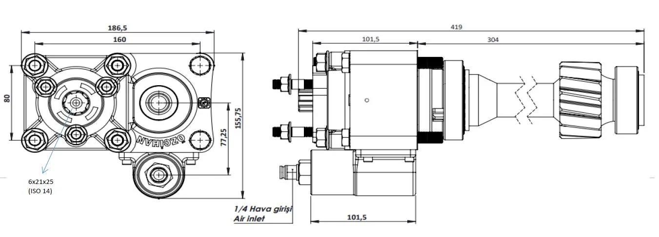 CTM 037 AE PTO teknik çizimi — kesit, ölçü ve montaj şeması