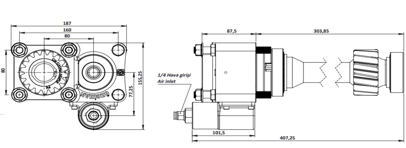 CTM 037 AC2F PTO teknik çizimi — kesit, ölçü ve montaj şeması