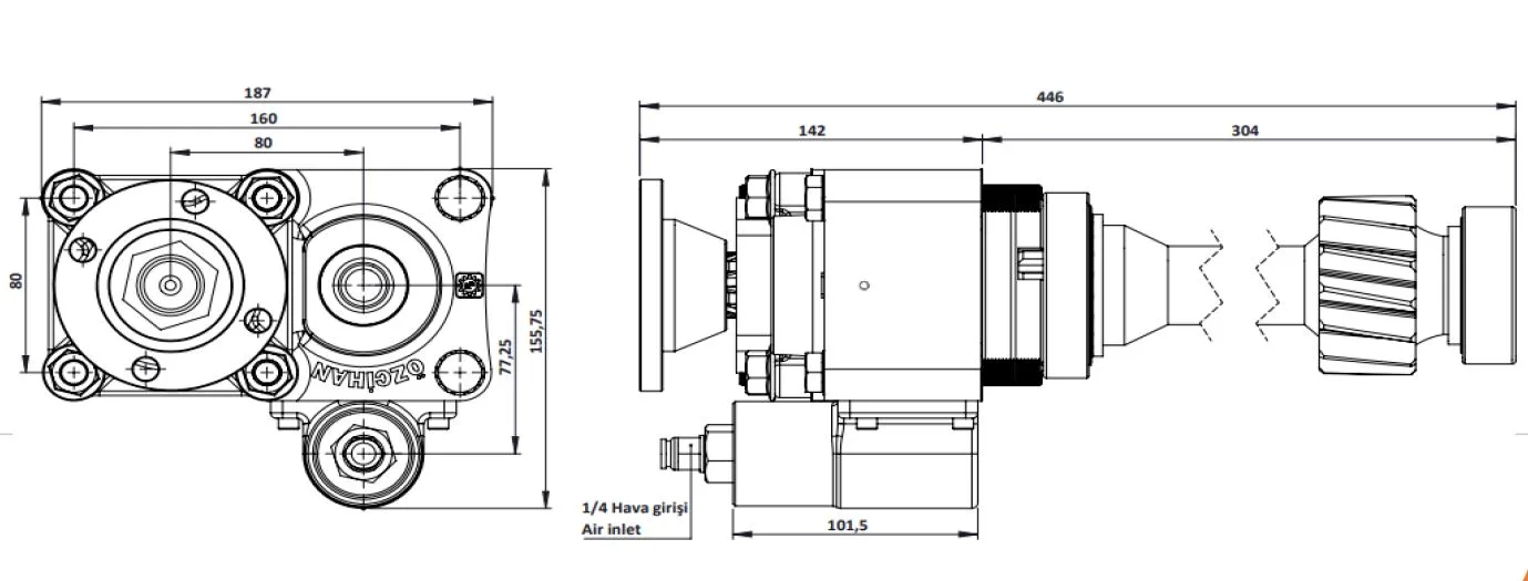CTM 037 AD1F PTO teknik çizimi — kesit, ölçü ve montaj şeması