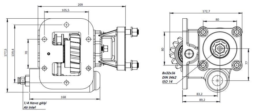 CTM 038 AC1 PTO teknik çizimi — kesit, ölçü ve montaj şeması