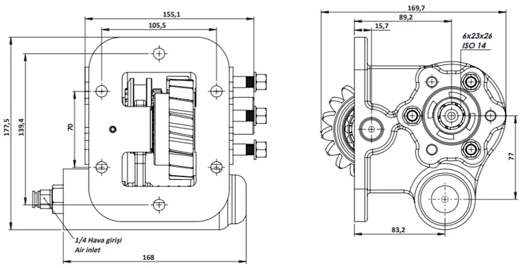 CTM 038 AC2 PTO teknik çizimi — kesit, ölçü ve montaj şeması