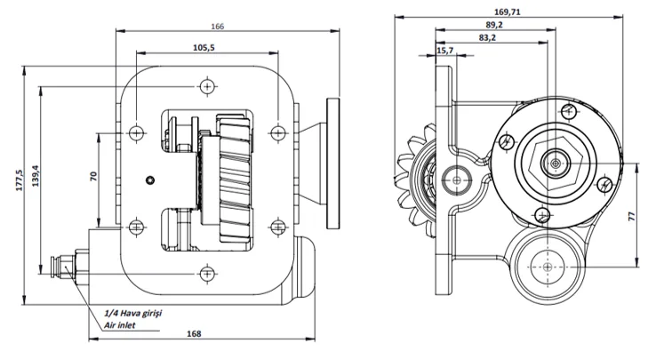 CTM 038 AD PTO teknik çizimi — kesit, ölçü ve montaj şeması