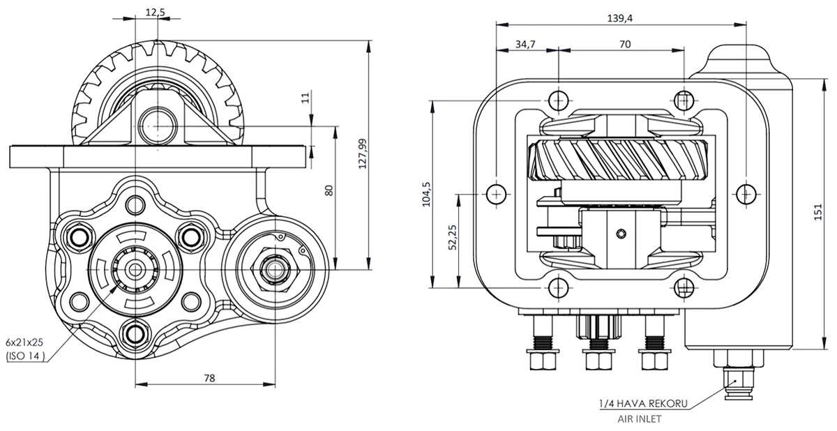 CTM 040 AE PTO teknik çizimi — kesit, ölçü ve montaj şeması