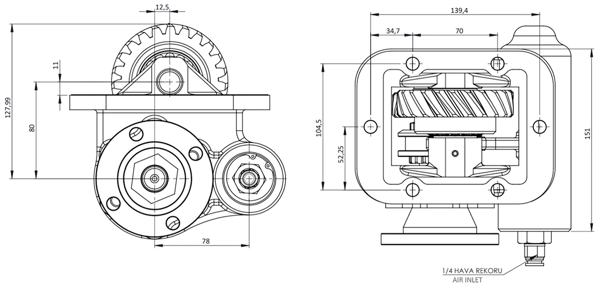 CTM 040 AD PTO teknik çizimi — kesit, ölçü ve montaj şeması