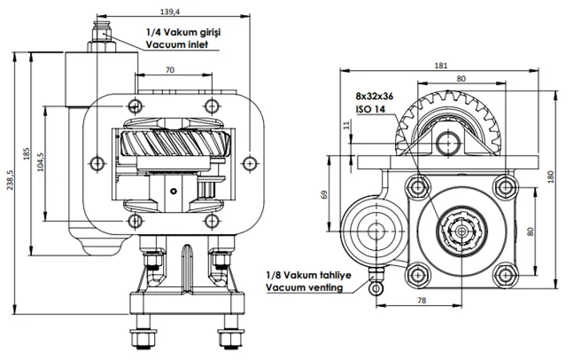 CTM 040 BC1 KV PTO teknik çizimi — kesit, ölçü ve montaj şeması